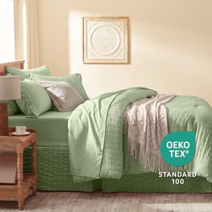 Laojin Balhen King Size Comforter Set 7 Pieces, Sage Green Seersucker Bed in a Bag Set King Size, All Season Luxury Bedding Sets with Comforter, Sheets, Pillowcase & Sham