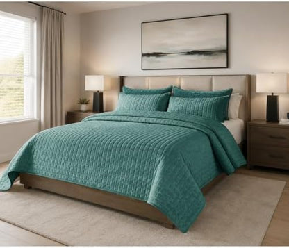 Quilt Set Oversized King Size 120x120 Luxurious Velvet Bedding Sets with 2 Pillow Shams 20x36 3 Pieces Ultra Soft Quilted Bedspread Coverlet Comforter for All Season,Aqua Green