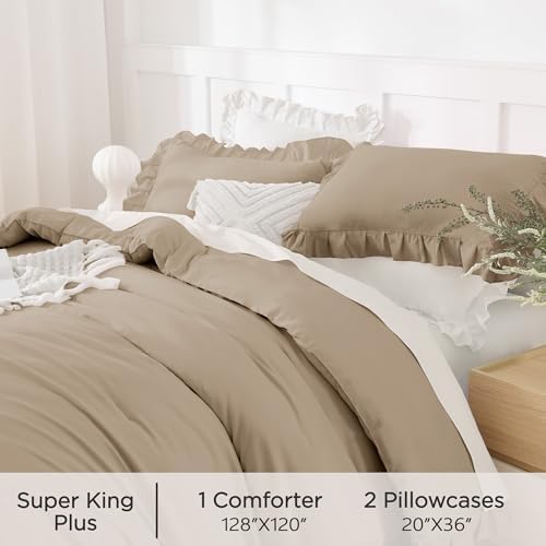Andency Oversized King Comforter Set, 3 Pcs Taupe Ruffle Chic Bedding Set