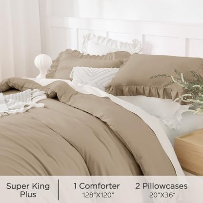 Andency Oversized King Comforter Set, 3 Pcs Taupe Ruffle Chic Bedding Set