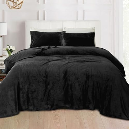 Elegant Comfort Luxuriously Soft 4-Piece Velvet Plush Flannel Sheet Set - Premium Quality - Cozy Warm, Anti-Static, Non Pilling Fuzzy Velvet Flannel Fleece Deep Pocket Sheet Set - Full, Black