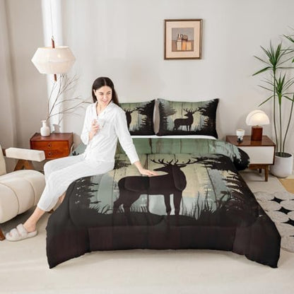 Castle Fairy Deer Hunting Comforter Set King Size,Rustic Farmhouse Wooden Bedding Set 3pcs for Kids Teens Adults Room Decor,Pine Botanical Animals Silhouette Quilted Duvet Retro Brown Bedspread
