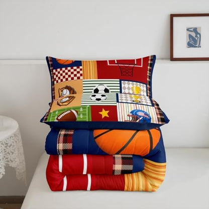 Cartoon Football Basketball Comforter Set for Kids Boys Bedroom Patchwork Plaid Stripes Bedding Sets Modern Ball Sports Gaming Quilted Duvet Teens Colorful Baseball Bedspread 3pcs Full Size