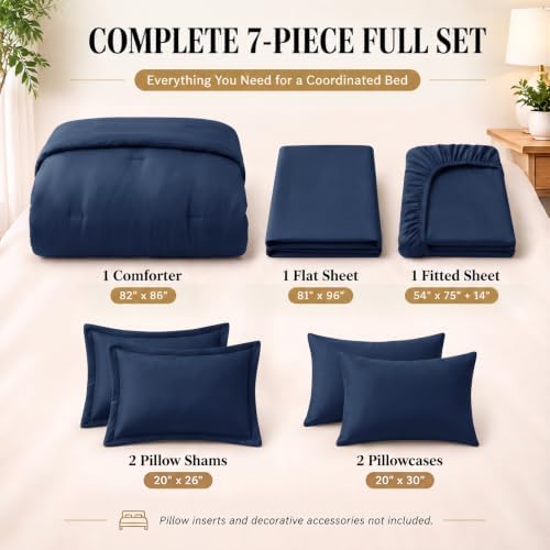 CozyLux Full Size Comforter Set Navy, 7 Pieces Bed in a Bag