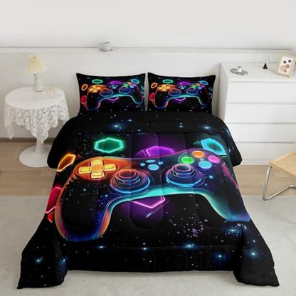 Erosebridal Game Consoles Full Size Bedding Set - Gamer Gifts, Gaming Comforter Sets for Kids, Space Glow Geometric Pattern, Boys & Girls, Red, Green, Blue, Teal - Gaming Room Decor