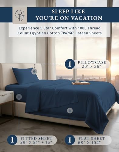 LANE LINEN Twin XL Sheets Deep Pockets 100% Egyptian Cotton - Estate Blue