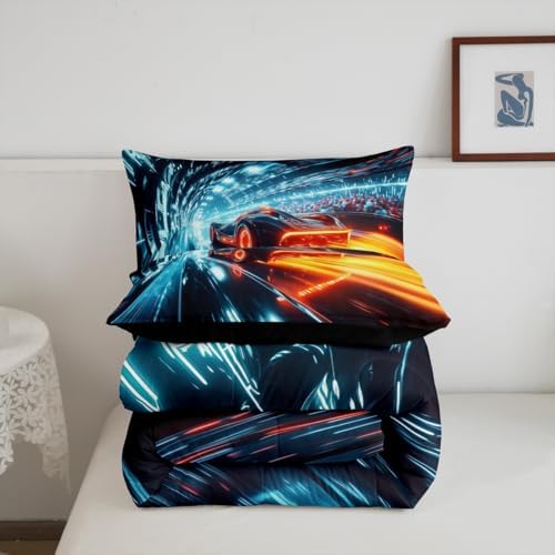 Boys Race Car Bedding Set,Neon Racing Cars Toddler Size Comforter Set for Boys Kids Para Niños,Orange Blue Sports Gaming Comforter for Teens,Cool Sci-Fi Extreme Sports Speed Car Quilt for Room Decor