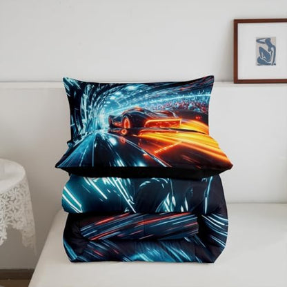 Boys Race Car Bedding Set,Neon Racing Cars Toddler Size Comforter Set for Boys Kids Para Niños,Orange Blue Sports Gaming Comforter for Teens,Cool Sci-Fi Extreme Sports Speed Car Quilt for Room Decor