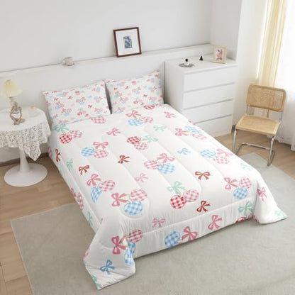 Girl Cherry Comforter Set Queen Size,Cute Bowknot Bedding Sets for Kids Boys Teens Adult Room Decor,Pink Blue Check Fruit Down Comforter White Princess Style Reversible Quilt Set,2 Pillowcases