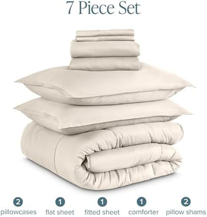 Bare Home Bed-in-A-Bag 7 Piece Comforter & Sheet Set - Full - Goose Down Alternative - Ultra-Soft 1800 Premium - Bedding Set (Full, Sand/Sand)