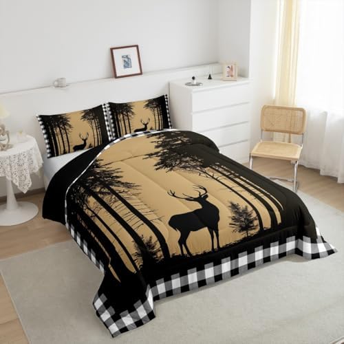 Erosebridal Deer Hunting Down Comforter for Kids, Rustic Elk Moose Quilt Queen Size, Black White Checkered Plaid Bedding Set Country Farmhouse Tree Comforter Set for Boys Teens Adult Bedroom Decor