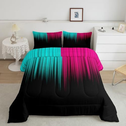 Feelyou Abstract Ombre Comforter Set Twin Size, Kids Teens Teal and Red Girls Bedding Sets Decor Modern Geometric Stripes Quilt Set with 1 Pillow Case