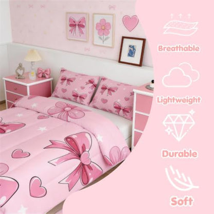jejeloiu Pink Bow Kids Comforter Set Full Size Bowknot Bedding Set Butterfly Bowknot Duvet Quilt for Kids Boys Girls Bedroom Pink Decor Microfiber Ultra Soft Breathable
