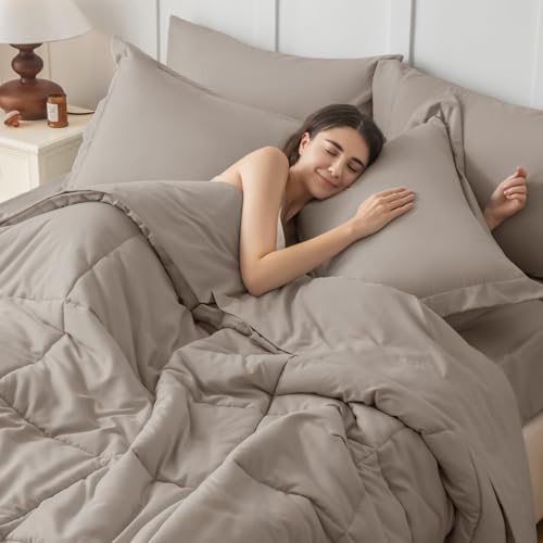 JOLLYVOGUE Full Comforter Set, Ultra-Soft Bed in a Bag Full Size 7 Pieces, Oeko-TEX Certified Bedding Set with Down Alternative Comforter, Sheets, Pillowcases & Shams, Khaki