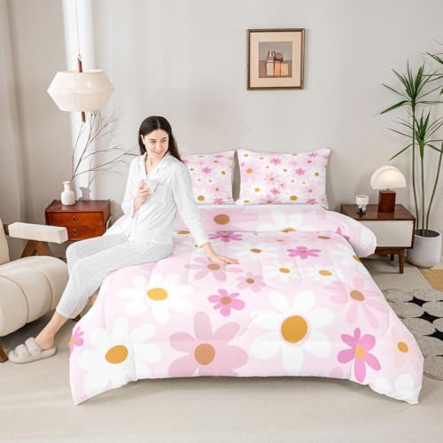 jejeloiu Cute Flower Comforter Set Toddler Size Pink White Daisy Bedding Set for Kids Boys Girls Blossom Flowers Pattern Duvet Quilt Kawaii Bedroom Decor Microfiber 2 Pcs with 1 Pillow Cases