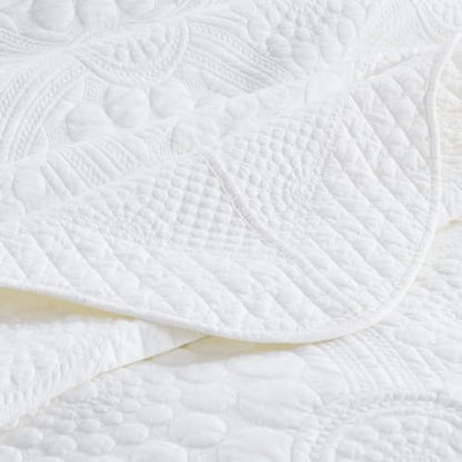 MarCielo 100% Cotton Quilt Set - 3-Piece Embroidered Farmhouse Bedspread & Shams, All-Season Breathable Bedding (Tf Bright White,Queen)