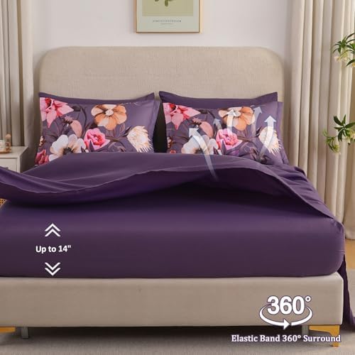 Luxudecor Floral Comforter Set Queen Size 7 Piece, Purple Flower Bed in a Bag, Elegant Floral Comforter Bed Set with Sheet Set, Soft Microfiber Bedding Set for All Season (90"x90")