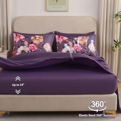 Luxudecor Floral Comforter Set King Size 7 Piece, Purple Flower Bed in a Bag, Elegant Floral Comforter Bed Set with Sheet Set, Soft Microfiber Bedding Set for All Season (104"x90")