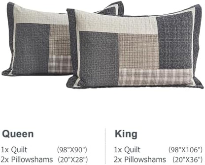 Finlonte 100% Cotton King Quilt Set, Farmhouse Plaid Queen Quilted Bedspread, Brown Beige Black Lightweight Comforter Bedding Set for All Season, 3-Piece