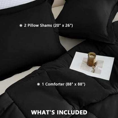 CozyLux Queen Comforter Set, 3-Piece Box-Stitched, Black