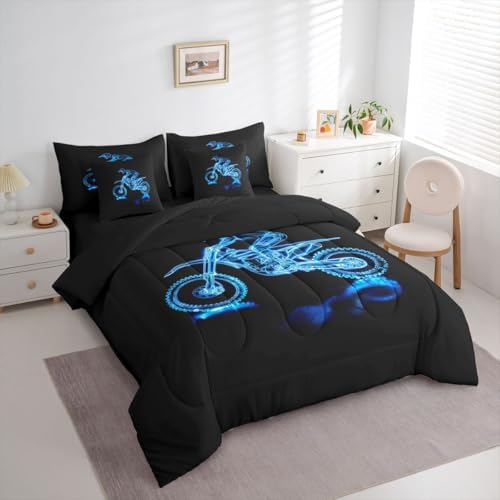 Feelyou Blue Motocross Comforter Set with Sheets 7 Piece King Size Dirt Bike Bedding Set for Kids Boys Girls Neon Rider Bed in a Bag Off-Road Racing Room Decor Motorcycle Art Soft Lightweight