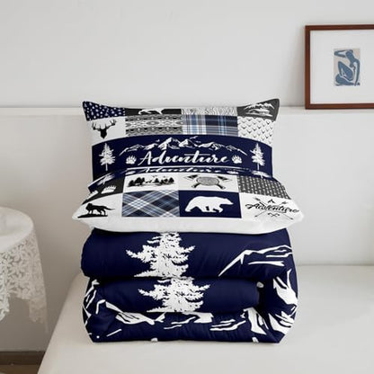 Castle Fairy Deer Bear Full Size Comforter Set,Rustic Farmhouse Wildlife Patchwork Blue Bedding Comforters Bedroom Collection,Camping Cabin Decor Boho Aztec Tribal Bedding Set for Girls Teens