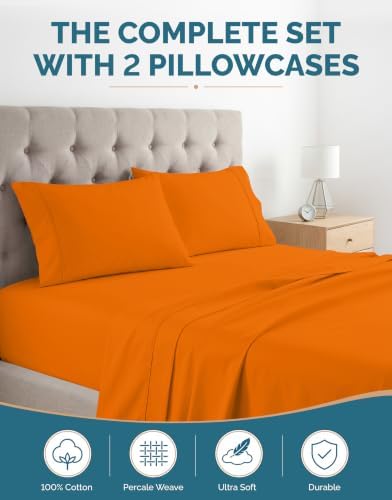Casa Platino 100% Cotton Sheets Twin XL – Breathable Crisp Percale Twin XL Mattress Sheets with 2 Pillowcases, 15" Deep Pocket Fitted Sheet, Ultra Soft & Cozy Feel for Great Nights Sleep – Rust