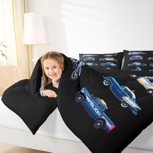 Feelyou Police Car Comforter Set Full Size Cartoon Car Bedding Set for Kids Boys Girls Policeman Vehicle Duvet Quilt Bedroom Decor Microfiber 3 Pcs with 2 Pillow Cases