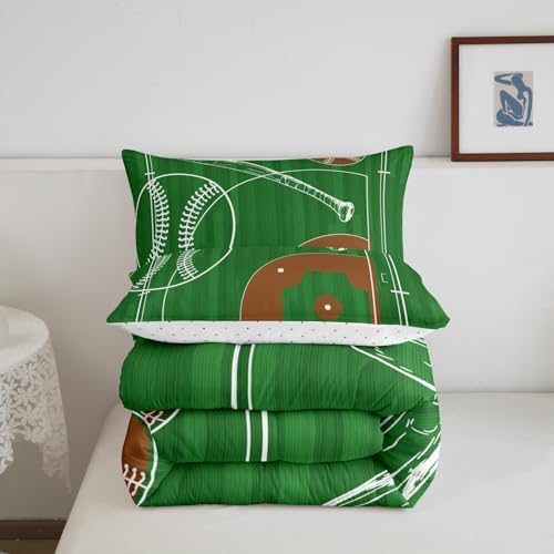 Erosebridal Kids Baseball King Comforter Set for Boys Girls Sport Bedding Set, Geometric Reversible Bedding Comforter Sets Green Brown Duvet Set, Ball Gaming Quilted Comforter, Microfiber