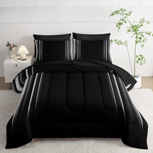 Nttopship White and Black Bedding Set King Size Abstract Ombre Comforter Set Bedding Set 7 Piece in A Bag,Dark Quilt Set Mordern Art Decor All Seasons with Pillowcases,Flat, Fitted Sheet