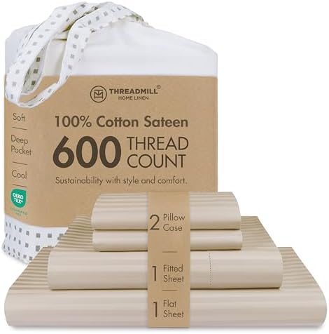 Threadmill 600TC Cotton Full Sheet Set, Sateen, Damask Stripe, Beige