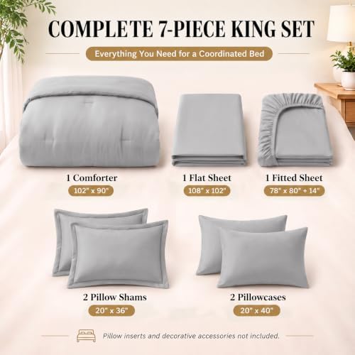 CozyLux King Size Comforter Set Light Grey, 7 Pieces Bed in a Bag