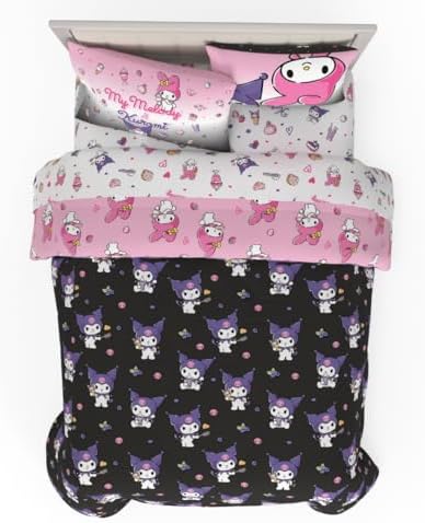 Sanrio Kuromi & My Melody Bedding 7 Piece Super Soft Cozy Reversible Comforter and Sheet Set with Sham, Full, (Officially Licensed Product) By Franco