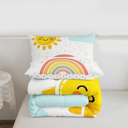 jejeloiu Cute Rainbow Comforter Set All Season Lovely Kids Rainbows Bedding Set with 2 Pillow Cases Cute Princess Microfiber Kids King Bedclothes Bedroom Decor Duvet Quilt Breathable Soft Lightweight