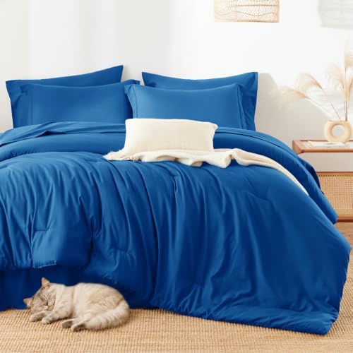 HIMEET Queen Comforter Set, 7-Piece Point-Quilted Bed in a Bag Classic Blue
