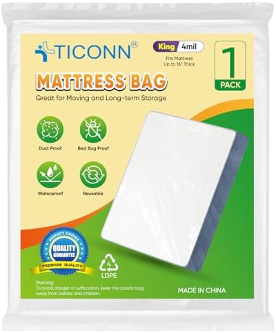 TICONN 1PK Plastic Mattress Bags for Moving, Waterproof Mattress Cover