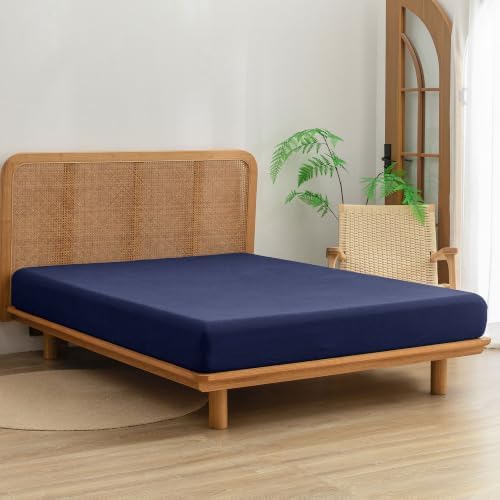 BESTOUCH Sheet Set 100% Washed Cotton Linen Feel Super Soft Comfortable Chic Lightweight 4 Pcs Home Bedding Set Solid Navy Blue Queen