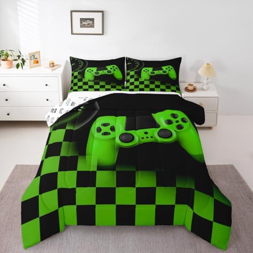 Gamer Comforter Set for Boys Home Decor Full 3pcs,Green Buffalo Plaid Check Novelty Bedding Set Microfiber Soft,Game Reversible Warm Duvet Insert,Gaming Gamepad Down Comforter with 2 Pillowcases