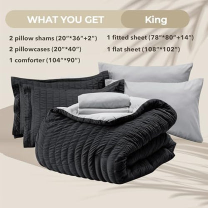 HYMOKEGE Black/Light Grey King Size Comforter Set Seersucker 7 Pieces, All Season Luxury Bed in a Bag for Bedroom, Bedding Set with Comforter, Sheets, Pillowcases & Shams