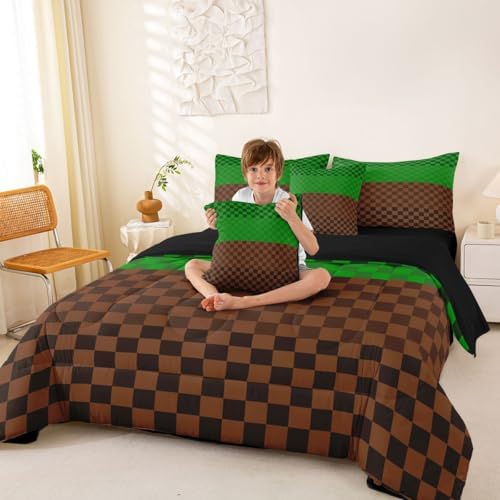 jejeloiu Green Brown Plaid Full Comforter Set with Sheets for Kids Boys Girls Checkered Classic 7 Pieces Bedding Set Grid Geometric Bed in a Bag Room Decor Soft Lightweight Microfiber