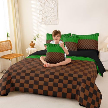 jejeloiu Green Brown Plaid Full Comforter Set with Sheets for Kids Boys Girls Checkered Classic 7 Pieces Bedding Set Grid Geometric Bed in a Bag Room Decor Soft Lightweight Microfiber