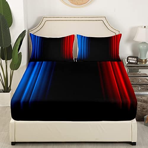 Feelyou Geometric Abstract Ombre Women Bed Sheets Kids Teens Blue Red and Black Striped Sheet Set Decor Modern Fashion Bed Set Bedroom Collection 3Pcs Twin Size