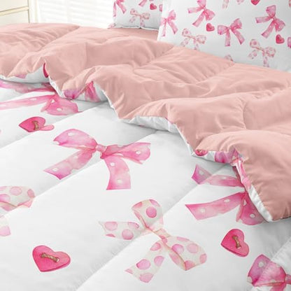 Twin Bedding Sets for Girls Pink Bow Room Decor Fluffy Comforter Sheets Set Bed in a Bag for Kids Teens All Season Use