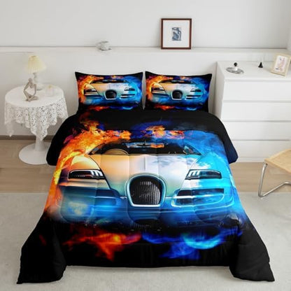 Feelyou Kids Sports Bedding Set Luxury Race Car Bedding Set for Boys Girls Extreme Sports Theme Comforter Cool Speed Racing Car Comforter Set Bedroom Collection 3Pcs Queen Size