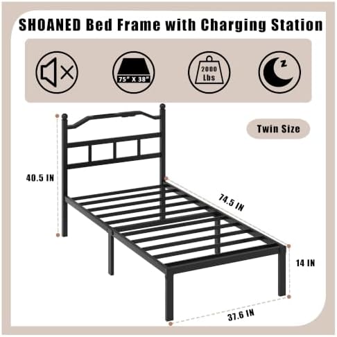 SHOANED Twin Size Bed Frame - 14 Inch Metal Heavy Duty Bedframe with Charging Station Black Basic Steel Slats Platform with Headboard No Box Spring Needed/Easy Assembly