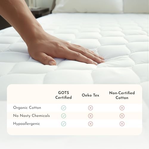 100% Cotton Organic Mattress Protector | Breathable & Noiseless Quilted GOTS Organic Mattress Pad with Premium 300GSM Durability | Machine Washable Bed Protector with Deep Pocket (White, Cal King)