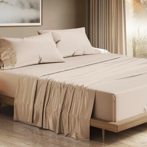 THREAD SPREAD 100% Egyptian Cotton Queen Sheets Set - 1200 Series Plush Collection Luxury Egyptian Cotton Sheets Queen Size Deep Pocket (4 PC, Taupe), Soft, Cooling, Sateen Weave Sheet Set