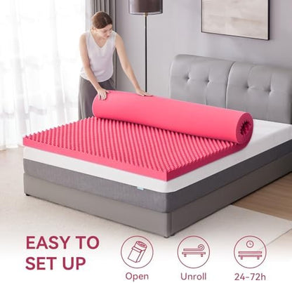 SINWEEK 2 Inch Egg Crate Memory Foam Mattress Topper Twin Size, Soft Mattress Pad for Back Pain Relief, Bed Topper, CertiPUR-US Certified, Pink