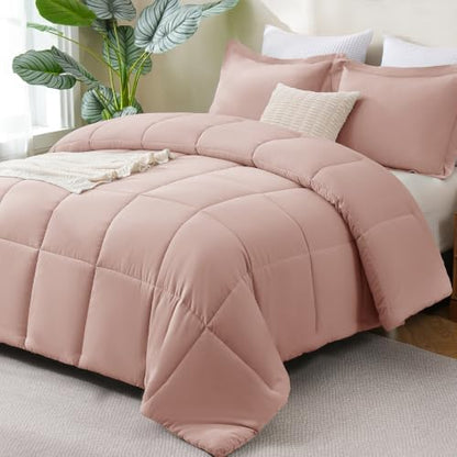 CozyLux Queen Size Comforter Set, 3-Piece Box-Stitched, Dusty Pink