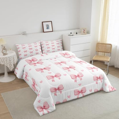 Feelyou Bow Bedding Set for Kids Girls Woman Full Size Bow Decor Comforter Set Ultra Soft Cute Coquette Bow Knot Comforter Love Heart Pattern Duvet Quilt Bedroom Decor Bowknot Quilt